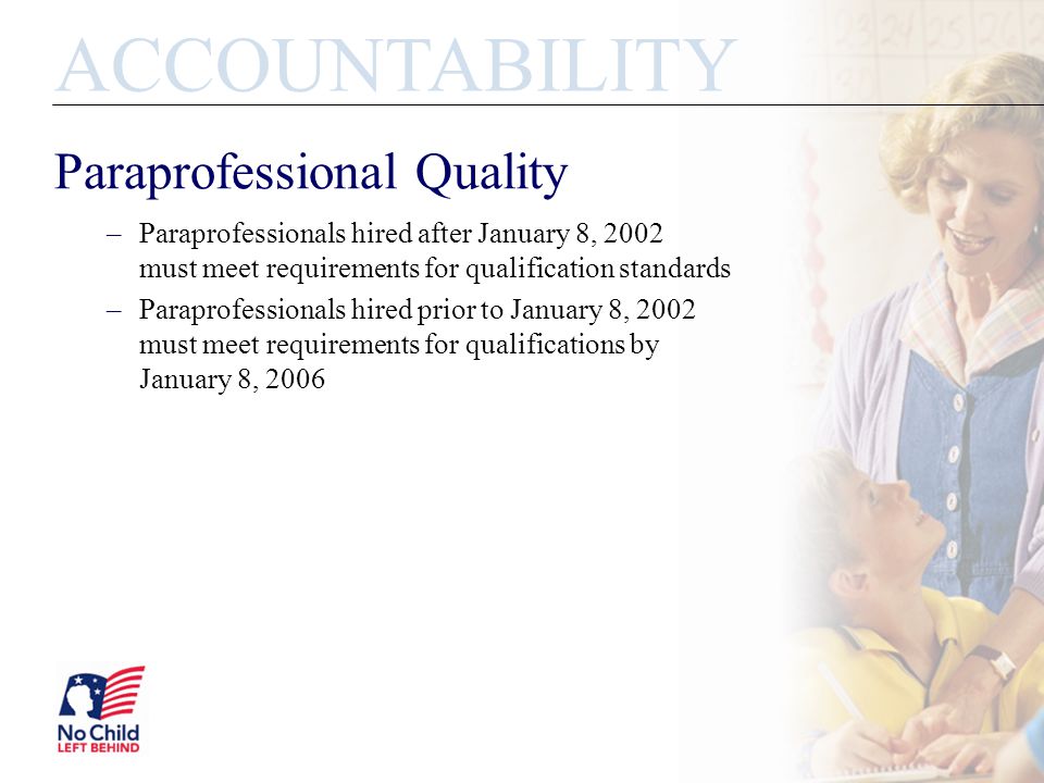 Paraprofessional Quality –Paraprofessionals hired after January 8, 2002 must meet requirements for qualification standards –Paraprofessionals hired prior to January 8, 2002 must meet requirements for qualifications by January 8, 2006 ACCOUNTABILITY