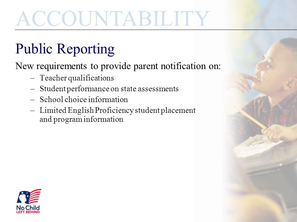 Public Reporting New requirements to provide parent notification on: –Teacher qualifications –Student performance on state assessments –School choice information –Limited English Proficiency student placement and program information ACCOUNTABILITY