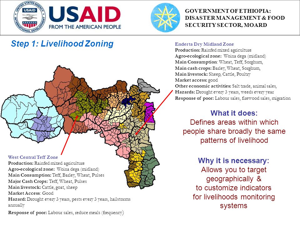 Step 1: Livelihood Zoning Why it is necessary: Allows you to target geographically & to customize indicators for livelihoods monitoring systems Enderta Dry Midland Zone Production: Rainfed mixed agriculture Agro-ecological zone: Woina dega (midland) Main Consumption: Wheat, Teff, Sorghum, Main cash crops: Barley, Wheat, Sorghum, Main livestock: Sheep, Cattle, Poultry Market access: good Other economic activities: Salt trade, animal sales, Hazards: Drought every 3 years, weeds every year Response of poor: Labour sales, firewood sales, migration West Central Teff Zone Production: Rainfed mixed agriculture Agro-ecological zone: Woina dega (midland) Main Consumption: Teff, Barley, Wheat, Pulses Major Cash Crops: Teff, Wheat, Pulses Main livestock: Cattle, goat, sheep Market Access: Good Hazard: Drought every 3 years, pests every 3 years, hailstorms annually Response of poor: Labour sales, reduce meals (frequency ) What it does: Defines areas within which people share broadly the same patterns of livelihood GOVERNMENT OF ETHIOPIA: DISASTER MANAGEMENT & FOOD SECURITY SECTOR, MOARD