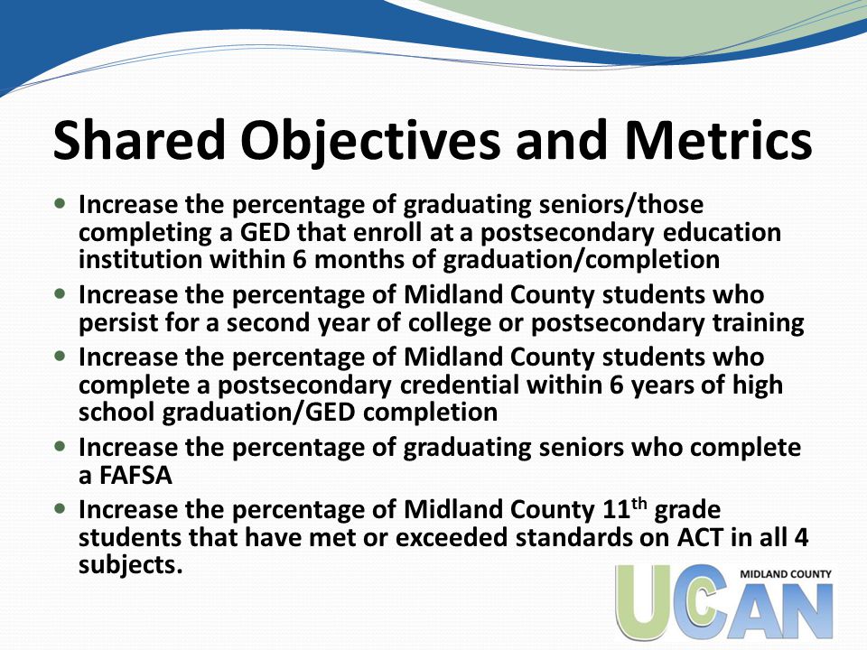 Shared Objectives and Metrics Increase the percentage of graduating seniors/those completing a GED that enroll at a postsecondary education institution within 6 months of graduation/completion Increase the percentage of Midland County students who persist for a second year of college or postsecondary training Increase the percentage of Midland County students who complete a postsecondary credential within 6 years of high school graduation/GED completion Increase the percentage of graduating seniors who complete a FAFSA Increase the percentage of Midland County 11 th grade students that have met or exceeded standards on ACT in all 4 subjects.