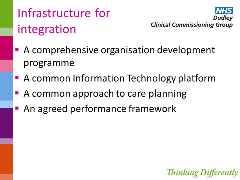 Infrastructure for integration  A comprehensive organisation development programme  A common Information Technology platform  A common approach to care planning  An agreed performance framework