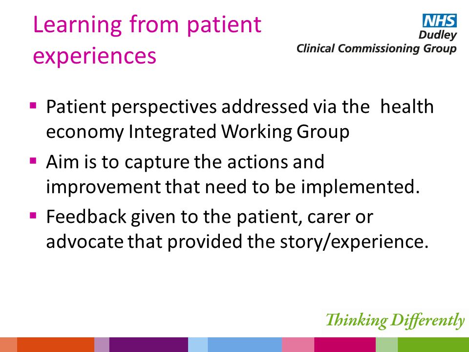  Patient perspectives addressed via the health economy Integrated Working Group  Aim is to capture the actions and improvement that need to be implemented.