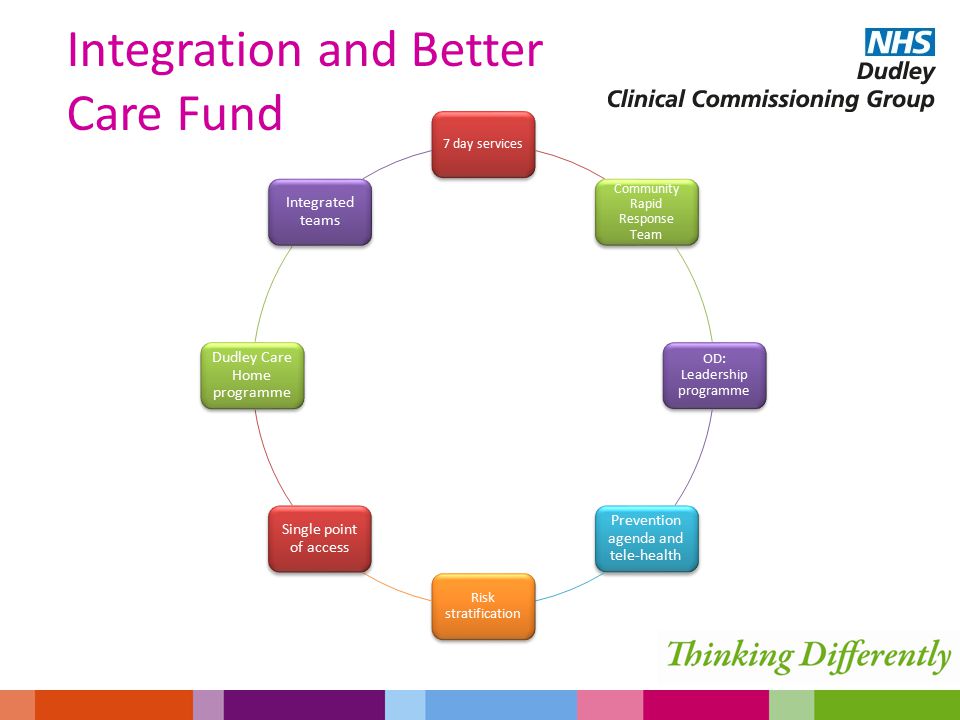 Integration and Better Care Fund 7 day services Community Rapid Response Team OD: Leadership programme Prevention agenda and tele-health Risk stratification Single point of access Dudley Care Home programme Integrated teams