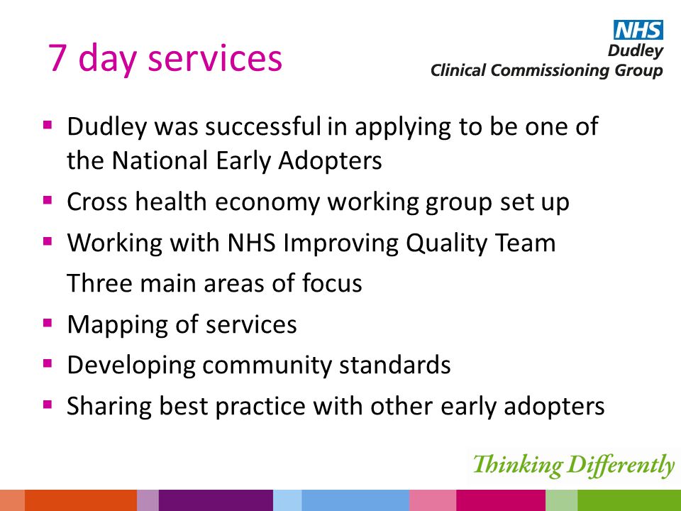  Dudley was successful in applying to be one of the National Early Adopters  Cross health economy working group set up  Working with NHS Improving Quality Team Three main areas of focus  Mapping of services  Developing community standards  Sharing best practice with other early adopters 7 day services