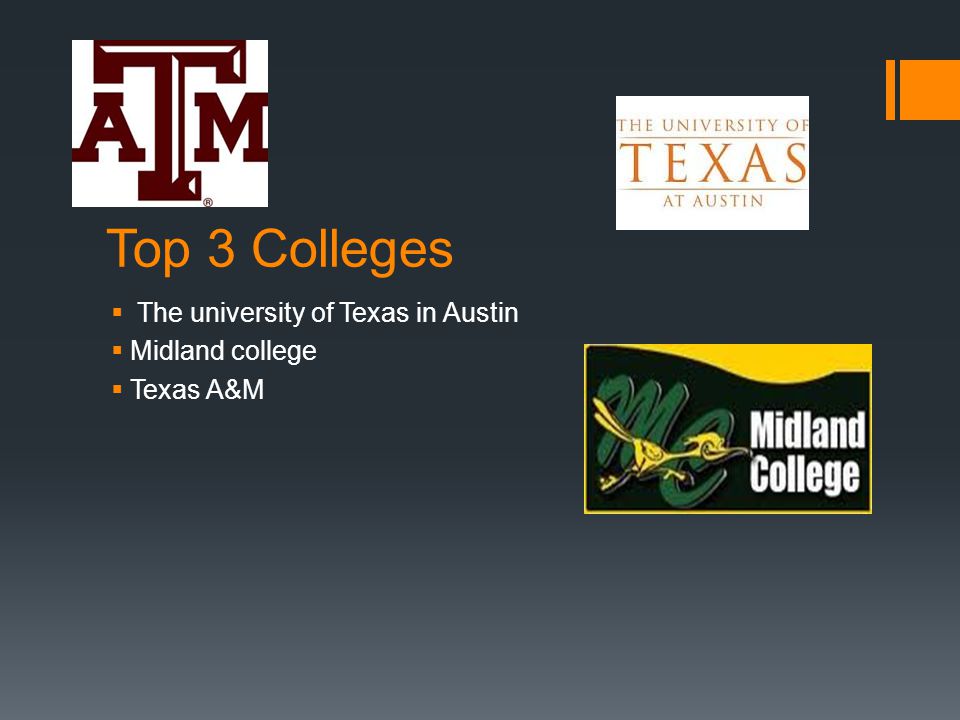 Top 3 Colleges  The university of Texas in Austin  Midland college  Texas A&M