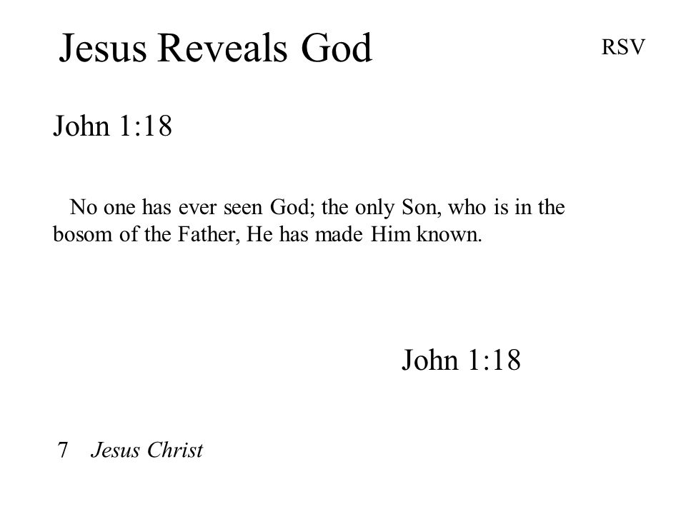Jesus Reveals God John 1:18 RSV No one has ever seen God; the only Son, who is in the bosom of the Father, He has made Him known.
