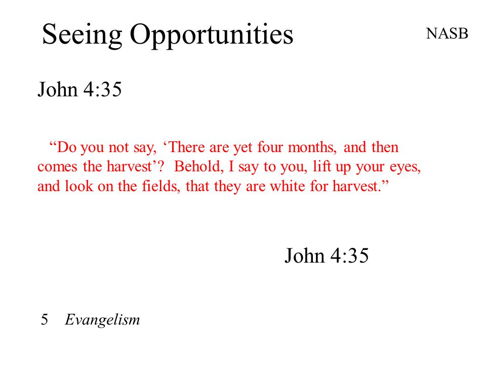 Seeing Opportunities John 4:35 NASB Do you not say, ‘There are yet four months, and then comes the harvest’.