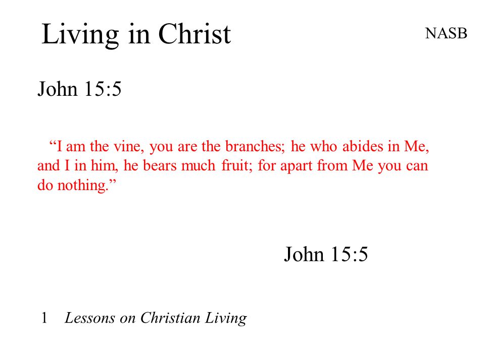 Living in Christ John 15:5 NASB I am the vine, you are the branches; he who abides in Me, and I in him, he bears much fruit; for apart from Me you can do nothing. John 15:5 1 Lessons on Christian Living
