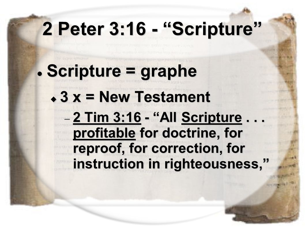 2 Peter 3:16 - Scripture Scripture = graphe Scripture = graphe  3 x = New Testament  2 Tim 3:16 - All Scripture...