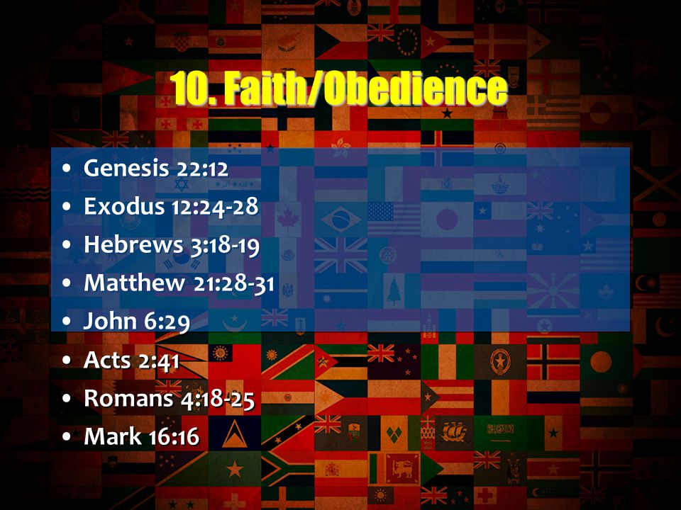Genesis 22:12 Exodus 12:24-28 Hebrews 3:18-19 Matthew 21:28-31 John 6:29 Acts 2:41 Romans 4:18-25 Mark 16:16 Genesis 22:12 Exodus 12:24-28 Hebrews 3:18-19 Matthew 21:28-31 John 6:29 Acts 2:41 Romans 4:18-25 Mark 16:16 10.
