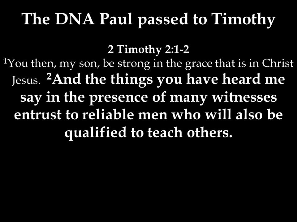 The DNA Paul passed to Timothy 2 Timothy 2:1-2 1 You then, my son, be strong in the grace that is in Christ Jesus.