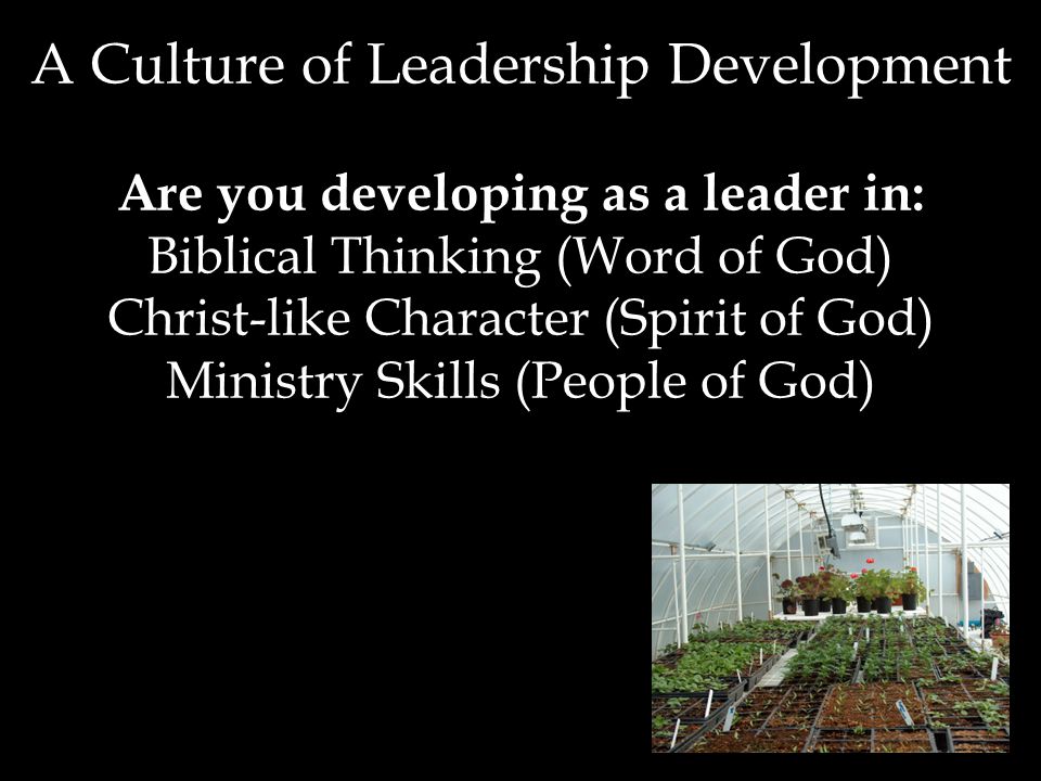 A Culture of Leadership Development Are you developing as a leader in: Biblical Thinking (Word of God) Christ-like Character (Spirit of God) Ministry Skills (People of God)