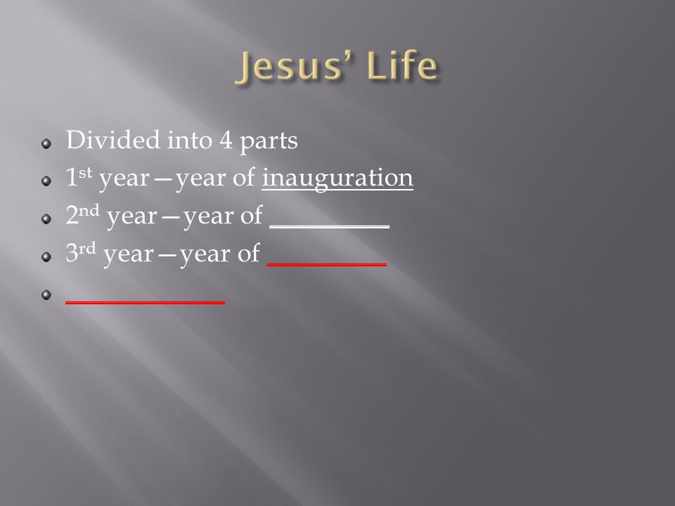 Divided into 4 parts 1 st year—year of inauguration 2 nd year—year of _________ 3 rd year—year of _________ ____________