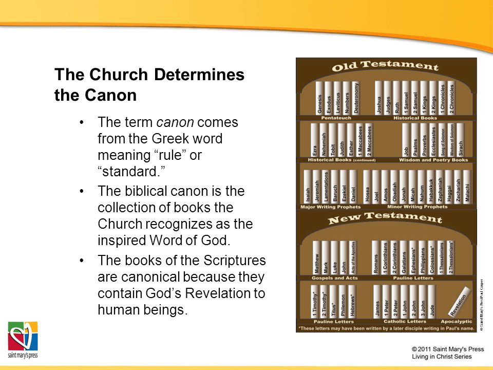The Church Determines the Canon The term canon comes from the Greek word meaning rule or standard. The biblical canon is the collection of books the Church recognizes as the inspired Word of God.