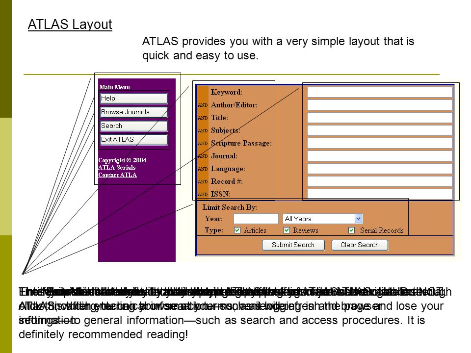 ATLAS Layout ATLAS provides you with a very simple layout that is quick and easy to use.