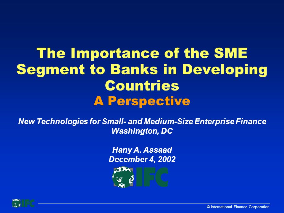© International Finance Corporation The Importance of the SME Segment to Banks in Developing Countries A Perspective New Technologies for Small- and Medium-Size Enterprise Finance Washington, DC Hany A.