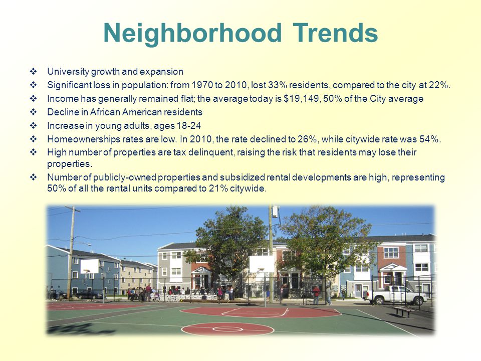 Neighborhood Trends  University growth and expansion  Significant loss in population: from 1970 to 2010, lost 33% residents, compared to the city at 22%.