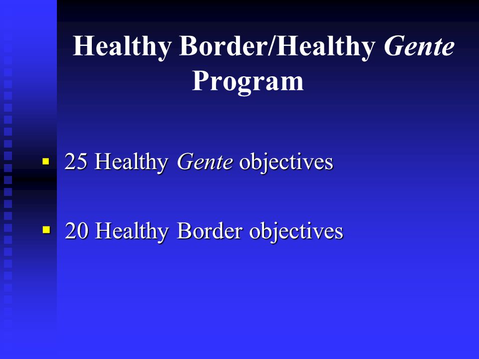 Healthy Border/Healthy Gente Program  25 Healthy Gente objectives  20 Healthy Border objectives