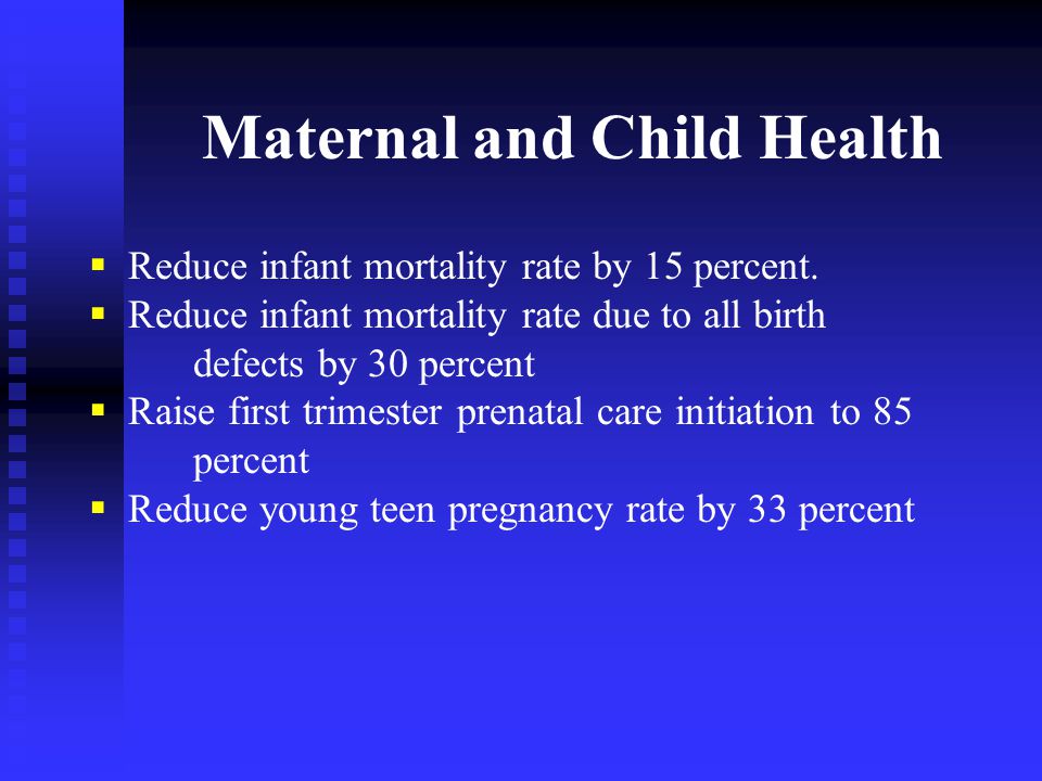 Maternal and Child Health  Reduce infant mortality rate by 15 percent.