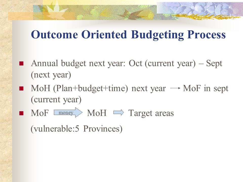 Outcome Oriented Budgeting Process Annual budget next year: Oct (current year) – Sept (next year) MoH (Plan+budget+time) next year MoF in sept (current year) MoF MoH Target areas (vulnerable:5 Provinces) money