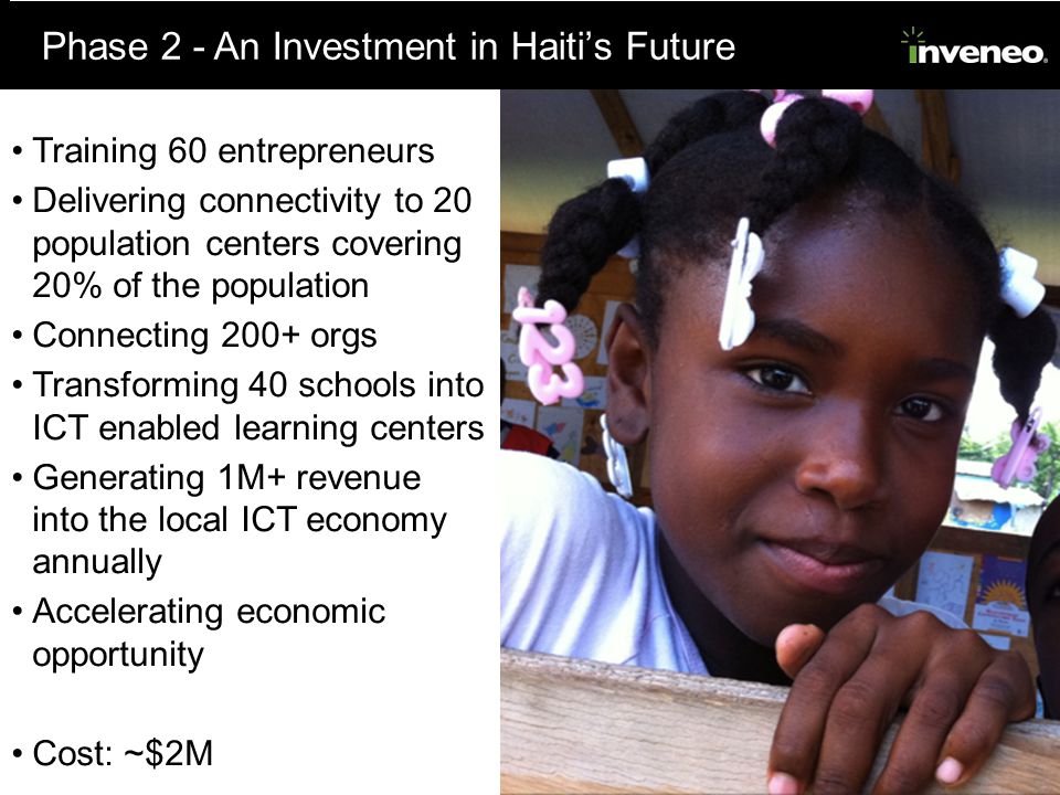 Phase 2 - An Investment in Haiti’s Future Training 60 entrepreneurs Delivering connectivity to 20 population centers covering 20% of the population Connecting 200+ orgs Transforming 40 schools into ICT enabled learning centers Generating 1M+ revenue into the local ICT economy annually Accelerating economic opportunity Cost: ~$2M