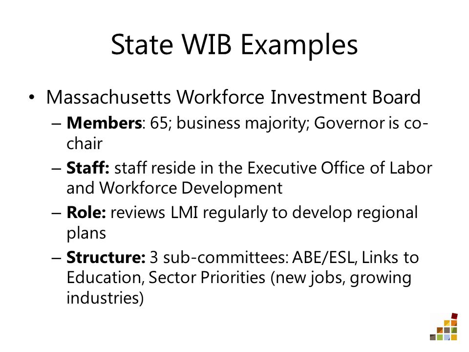 State WIB Examples Massachusetts Workforce Investment Board – Members: 65; business majority; Governor is co- chair – Staff: staff reside in the Executive Office of Labor and Workforce Development – Role: reviews LMI regularly to develop regional plans – Structure: 3 sub-committees: ABE/ESL, Links to Education, Sector Priorities (new jobs, growing industries)