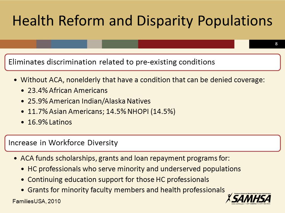 8 Health Reform and Disparity Populations Eliminates discrimination related to pre-existing conditions Without ACA, nonelderly that have a condition that can be denied coverage: 23.4% African Americans 25.9% American Indian/Alaska Natives 11.7% Asian Americans; 14.5% NHOPI (14.5%) 16.9% Latinos Increase in Workforce Diversity ACA funds scholarships, grants and loan repayment programs for: HC professionals who serve minority and underserved populations Continuing education support for those HC professionals Grants for minority faculty members and health professionals FamiliesUSA, 2010