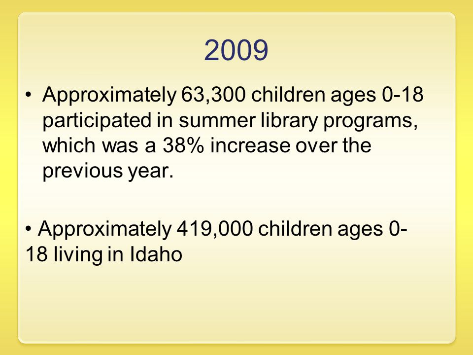 2009 Approximately 419,000 children ages living in Idaho Approximately 63,300 children ages 0-18 participated in summer library programs, which was a 38% increase over the previous year.