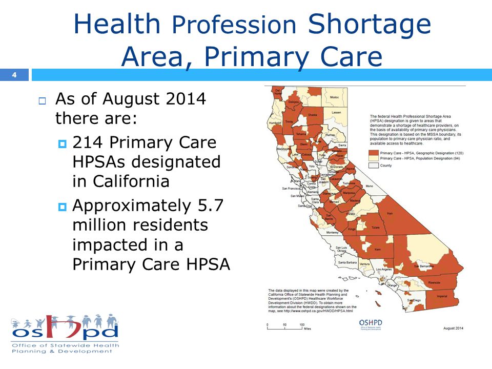 Health Profession Shortage Area, Primary Care  As of August 2014 there are:  214 Primary Care HPSAs designated in California  Approximately 5.7 million residents impacted in a Primary Care HPSA 4