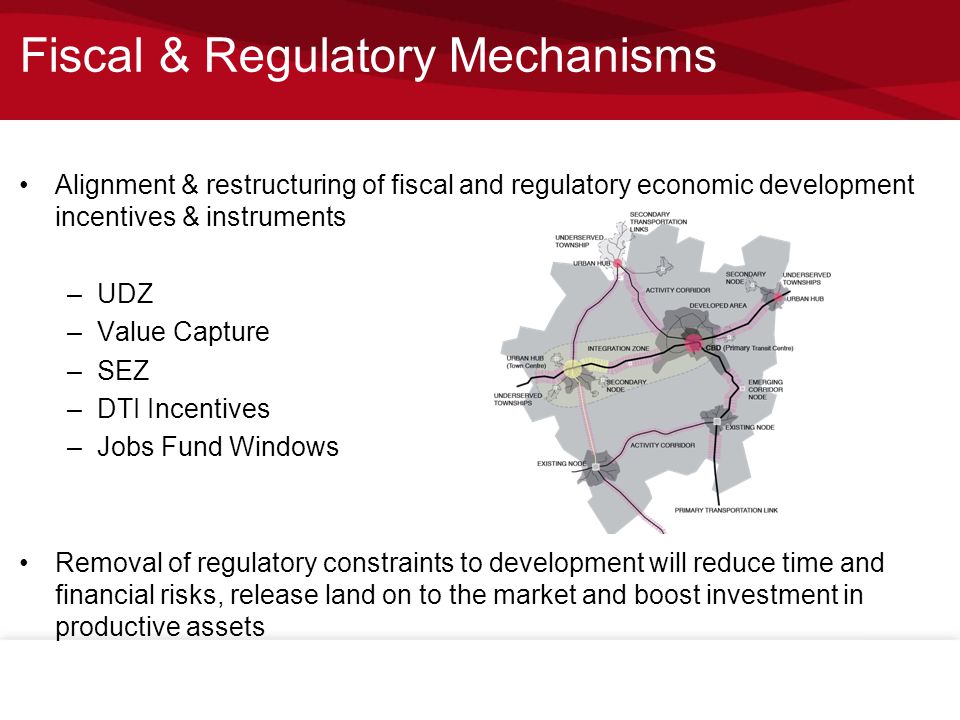 Fiscal & Regulatory Mechanisms Alignment & restructuring of fiscal and regulatory economic development incentives & instruments –UDZ –Value Capture –SEZ –DTI Incentives –Jobs Fund Windows Removal of regulatory constraints to development will reduce time and financial risks, release land on to the market and boost investment in productive assets