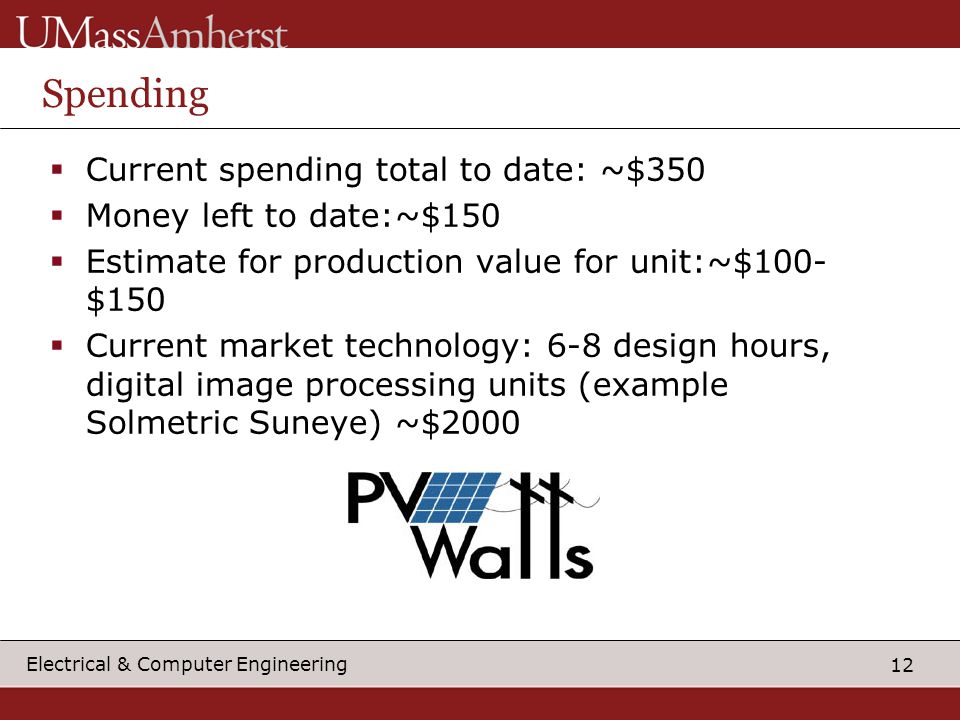 12 Electrical & Computer Engineering Spending  Current spending total to date: ~$350  Money left to date:~$150  Estimate for production value for unit:~$100- $150  Current market technology: 6-8 design hours, digital image processing units (example Solmetric Suneye) ~$2000