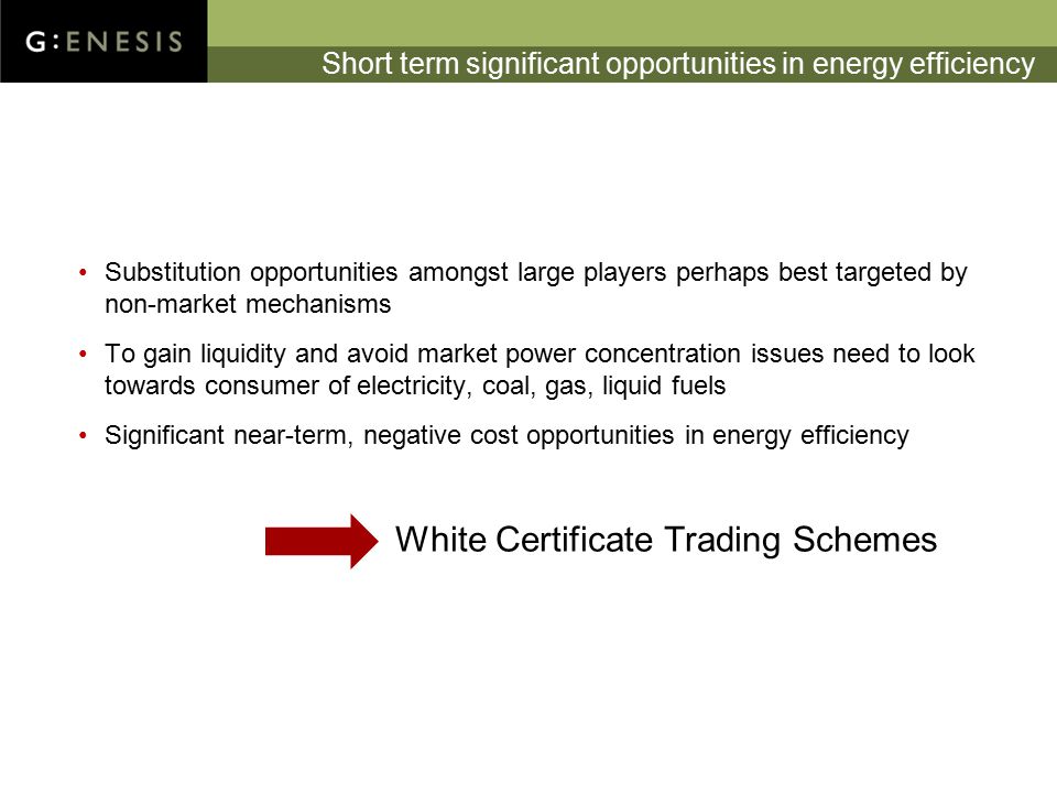 Short term significant opportunities in energy efficiency Substitution opportunities amongst large players perhaps best targeted by non-market mechanisms To gain liquidity and avoid market power concentration issues need to look towards consumer of electricity, coal, gas, liquid fuels Significant near-term, negative cost opportunities in energy efficiency White Certificate Trading Schemes