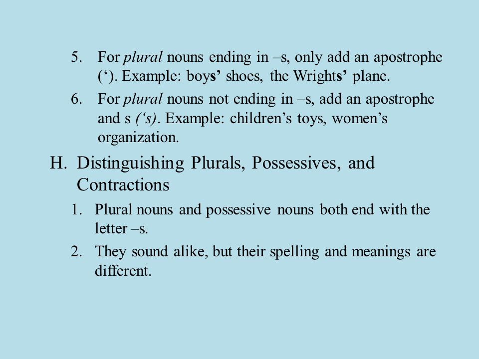 5.For plural nouns ending in –s, only add an apostrophe (‘).