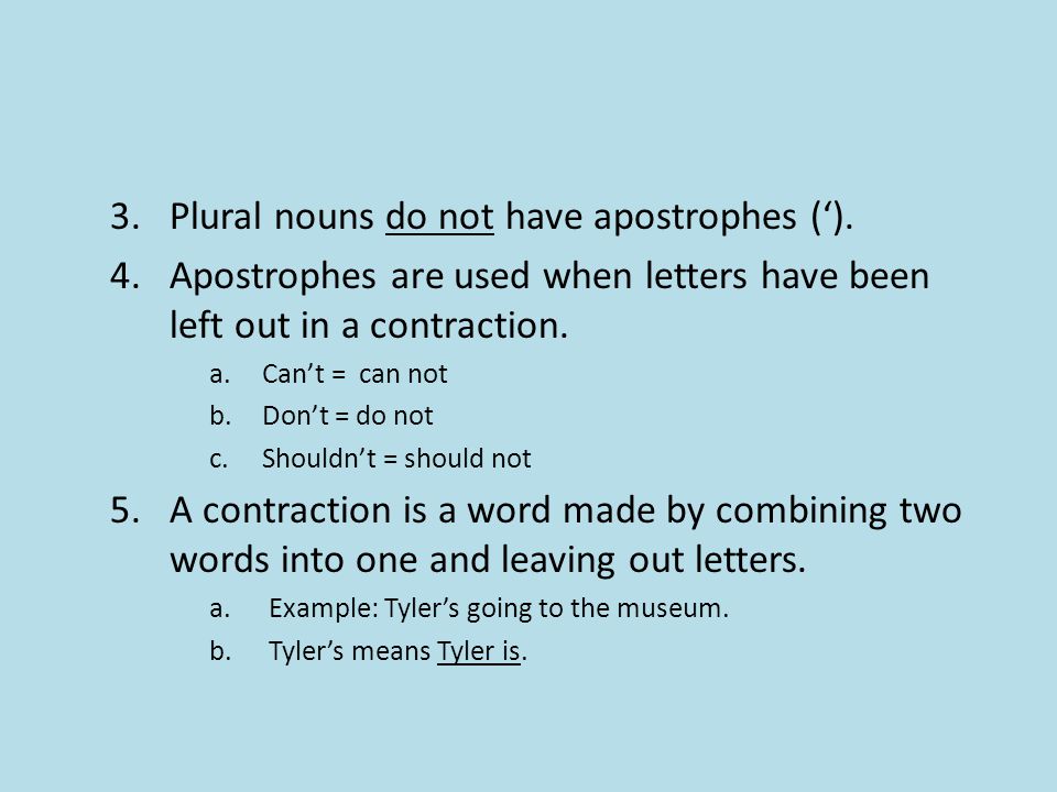 3.Plural nouns do not have apostrophes (‘).