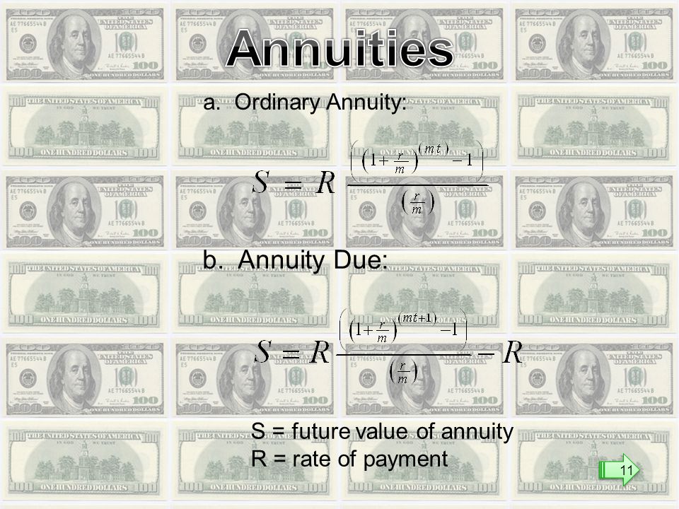 a. Ordinary Annuity: b. Annuity Due: S = future value of annuity R = rate of payment 11