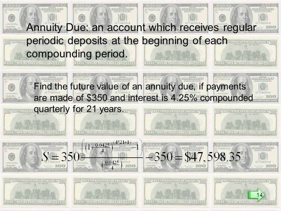 Annuity Due: an account which receives regular periodic deposits at the beginning of each compounding period.
