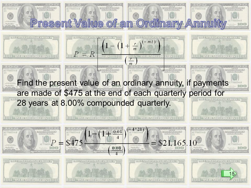Find the present value of an ordinary annuity, if payments are made of $475 at the end of each quarterly period for 28 years at 8.00% compounded quarterly.
