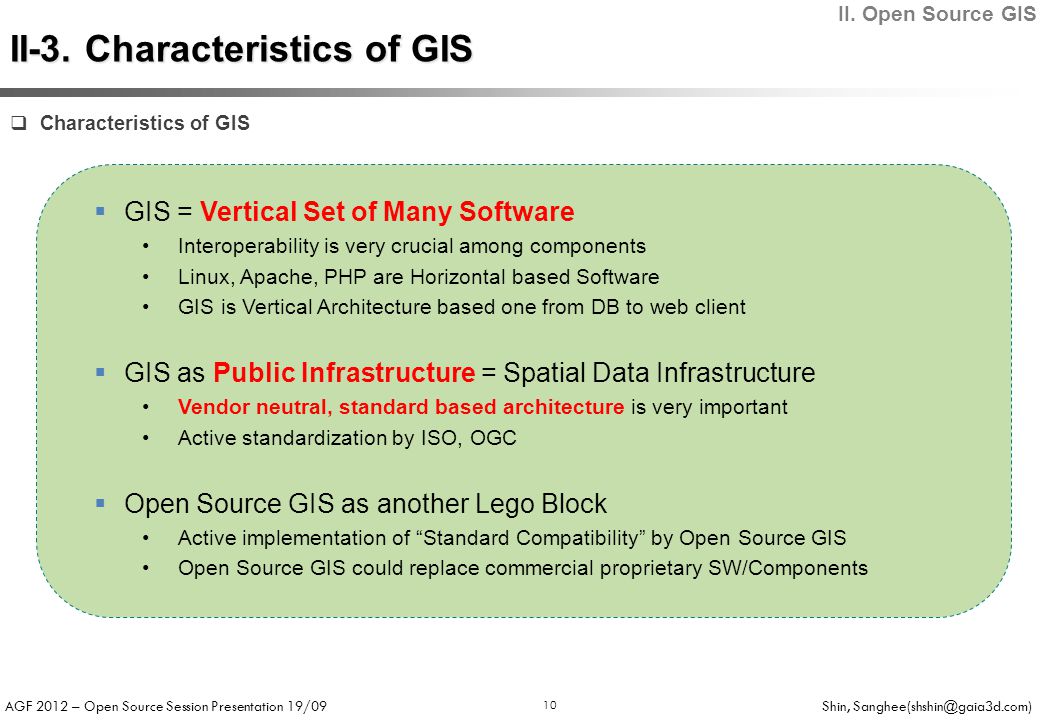 AGF 2012 – Open Source Session Presentation 19/09 Shin, 10  Characteristics of GIS  GIS = Vertical Set of Many Software Interoperability is very crucial among components Linux, Apache, PHP are Horizontal based Software GIS is Vertical Architecture based one from DB to web client  GIS as Public Infrastructure = Spatial Data Infrastructure Vendor neutral, standard based architecture is very important Active standardization by ISO, OGC  Open Source GIS as another Lego Block Active implementation of Standard Compatibility by Open Source GIS Open Source GIS could replace commercial proprietary SW/Components II.