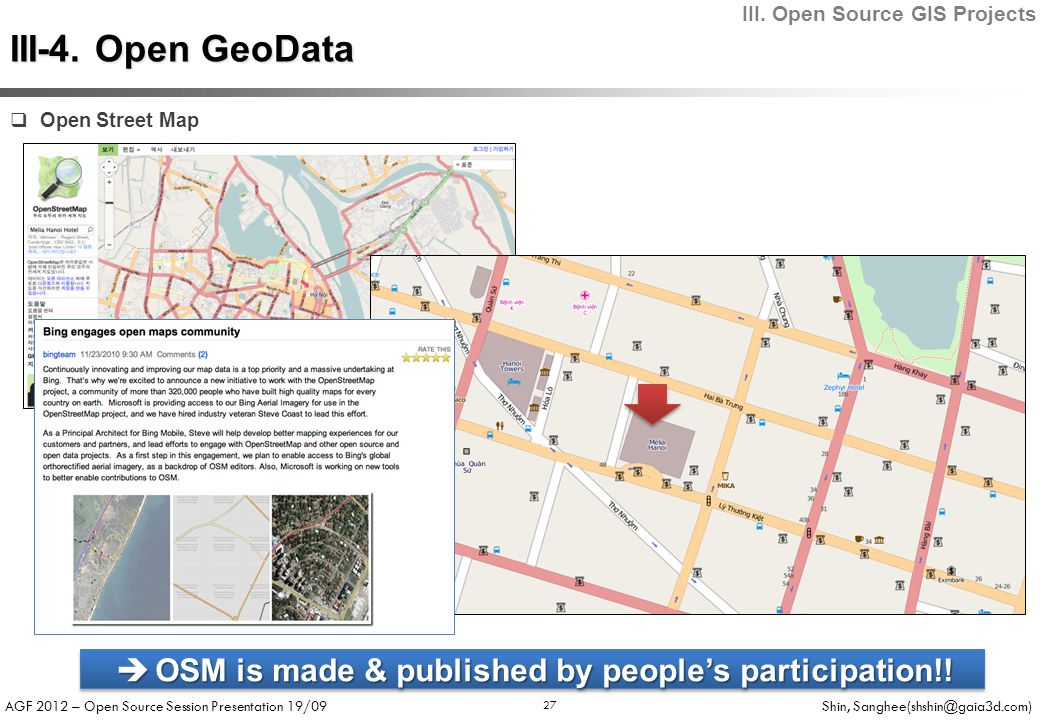 AGF 2012 – Open Source Session Presentation 19/09 Shin, 27  Open Street Map  OSM is made & published by people’s participation!.