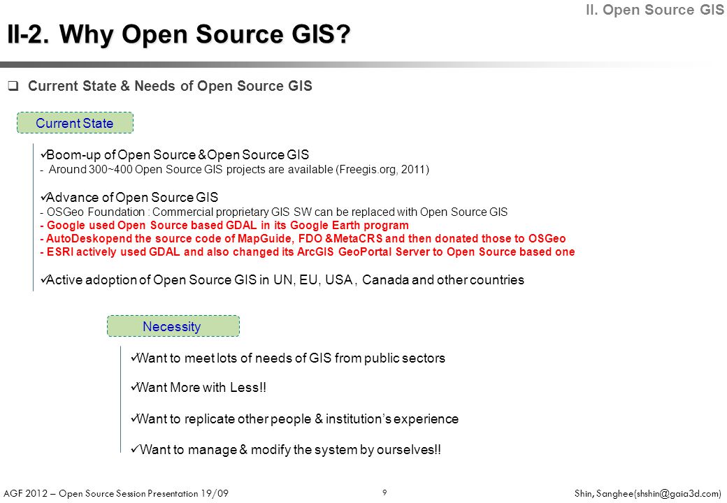 AGF 2012 – Open Source Session Presentation 19/09 Shin, 9  Current State & Needs of Open Source GIS Boom-up of Open Source &Open Source GIS - Around 300~400 Open Source GIS projects are available (Freegis.org, 2011) Advance of Open Source GIS - OSGeo Foundation : Commercial proprietary GIS SW can be replaced with Open Source GIS - Google used Open Source based GDAL in its Google Earth program - AutoDeskopend the source code of MapGuide, FDO &MetaCRS and then donated those to OSGeo - ESRI actively used GDAL and also changed its ArcGIS GeoPortal Server to Open Source based one Active adoption of Open Source GIS in UN, EU, USA, Canada and other countries Current State Want to meet lots of needs of GIS from public sectors Want More with Less!.