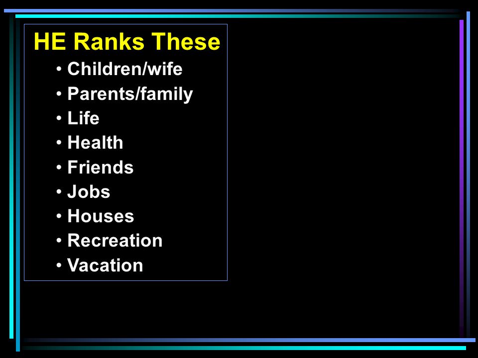 HE Ranks These Children/wife Parents/family Life Health Friends Jobs Houses Recreation Vacation