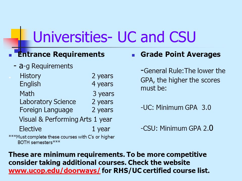 Universities- UC and CSU Entrance Requirements - a -g Requirements.