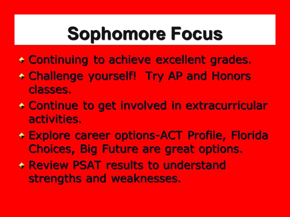 Sophomore Focus Continuing to achieve excellent grades.