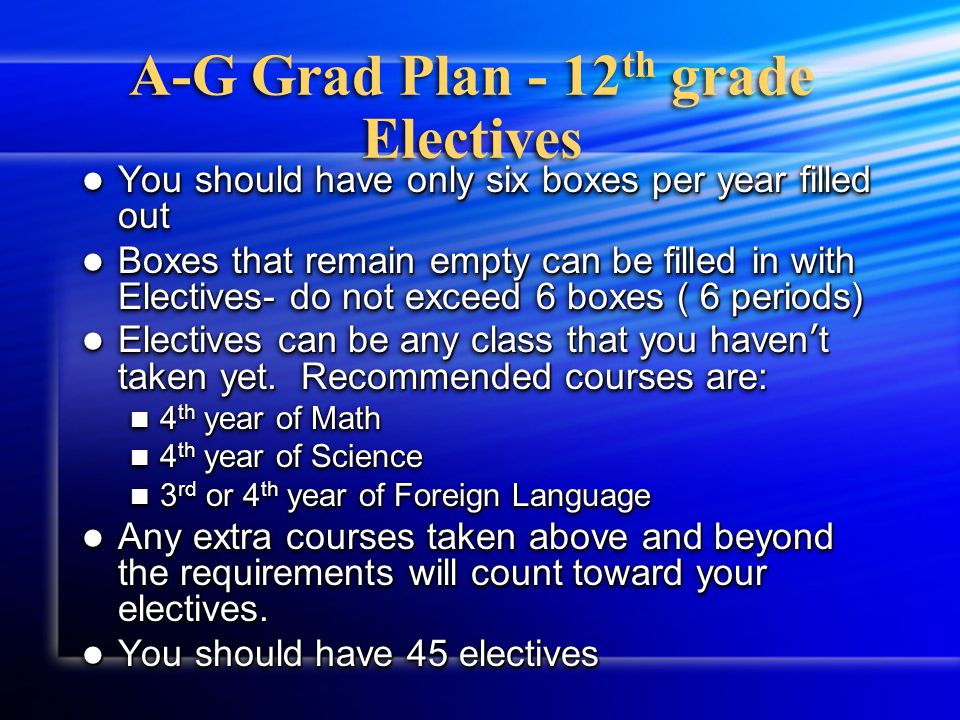 A-G/Grad Plan - 12 th grade Count how many credits you have across the years in each category starting from Freshman year.