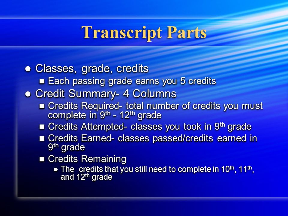 Transcript Permanent record of the classes you’ve taken and the grades you have earned in high school Permanent record of the classes you’ve taken and the grades you have earned in high school Follows you to every school you attend in high school Follows you to every school you attend in high school When a class is retaken, it is added to your transcript the year you took it.