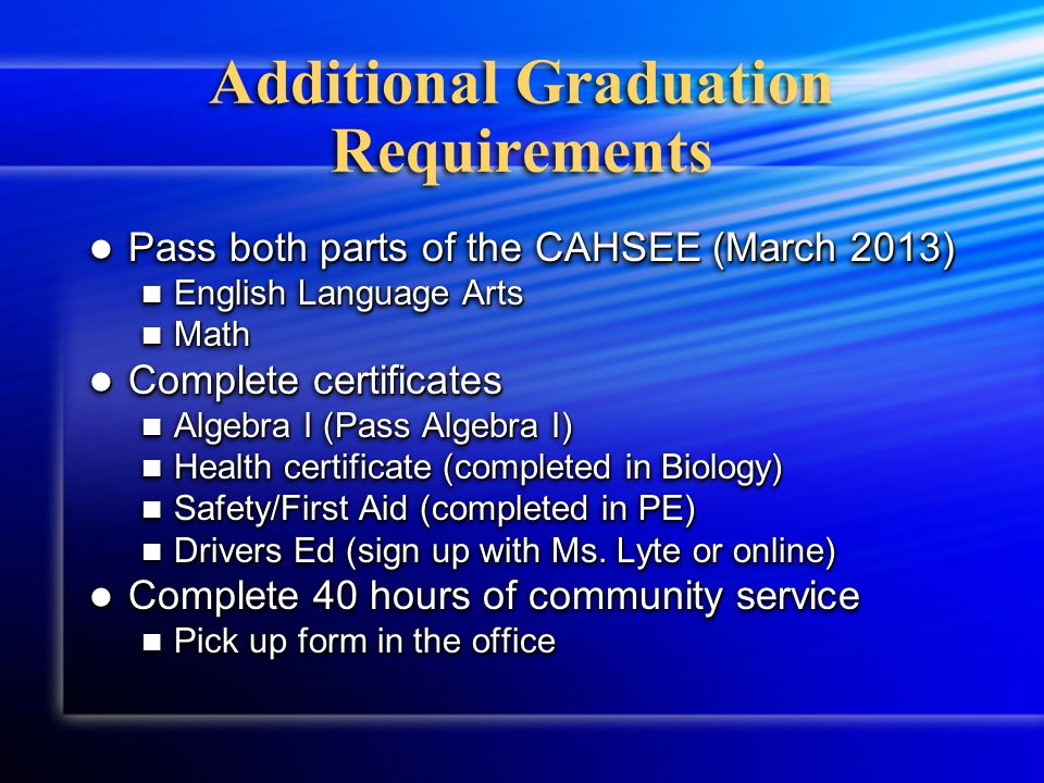 Graduation Requirement Math You must pass all classes with a grade of D or better to earn 5 credits toward graduation In order to earn 240 credits in four years you must pass every class, every semester.