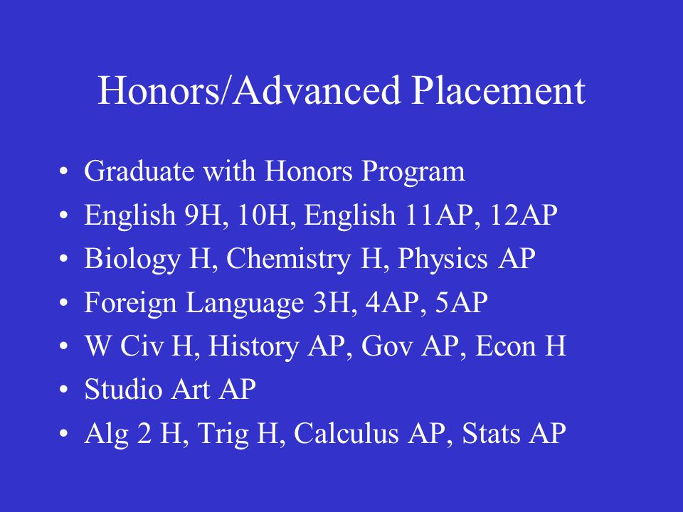 Honors/Advanced Placement Graduate with Honors Program English 9H, 10H, English 11AP, 12AP Biology H, Chemistry H, Physics AP Foreign Language 3H, 4AP, 5AP W Civ H, History AP, Gov AP, Econ H Studio Art AP Alg 2 H, Trig H, Calculus AP, Stats AP