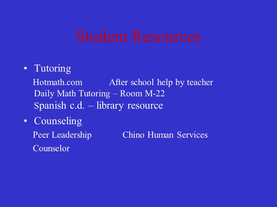 Student Resources Tutoring Hotmath.com After school help by teacher Daily Math Tutoring – Room M-22 S panish c.d.