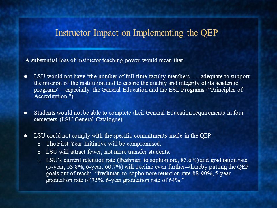 Instructor Impact on Implementing the QEP A substantial loss of Instructor teaching power would mean that LSU would not have the number of full-time faculty members...