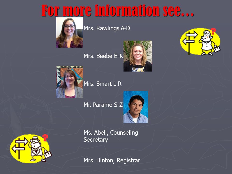 For more information see… Mrs. Rawlings A-D Mrs. Beebe E-K Mrs.